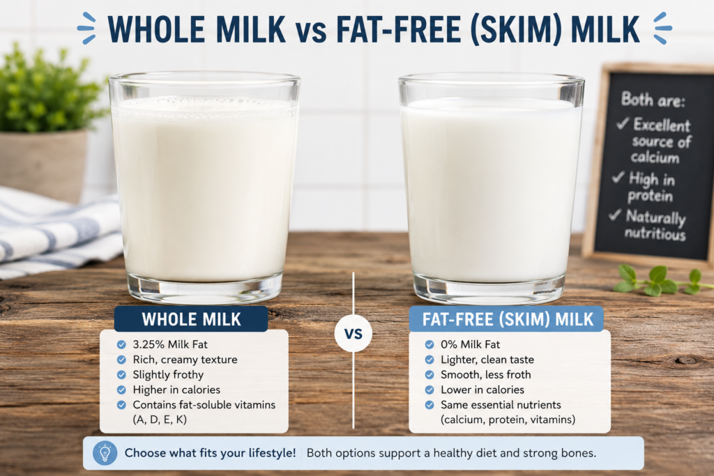 Comparison of whole milk and fat free skim milk in glass cups.