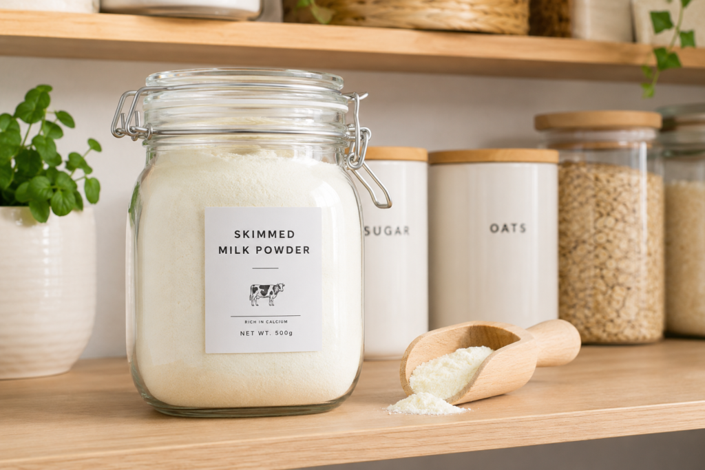 Powdered skimmed milk stored in a glass jar on a pantry shelf.