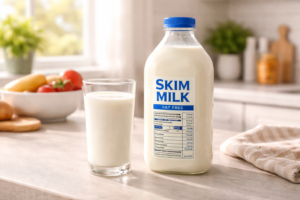 A clear bottle of skim milk showcasing the nutrition facts label on a kitchen counter.