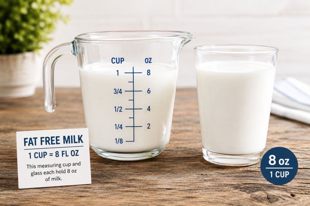 A standard one cup measurement of fresh skim milk.