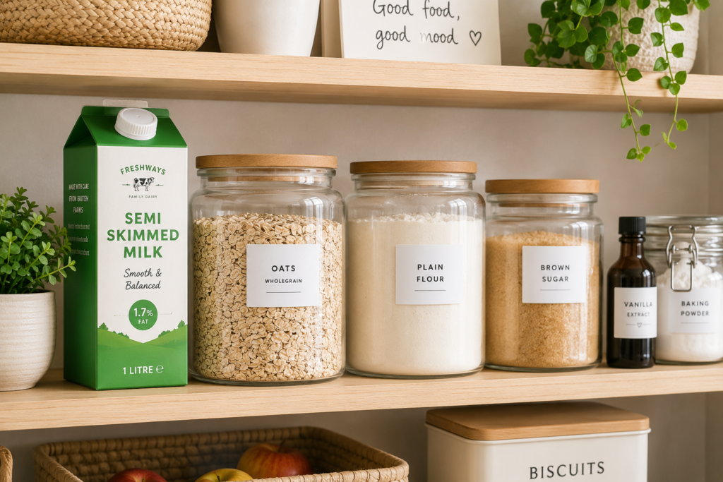 A carton of semi skimmed milk stored neatly on a kitchen shelf.