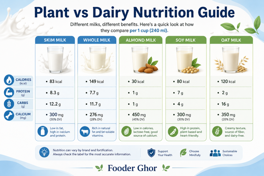 Plant vs dairy nutrition comparison guide infographic by Fooder Ghor.