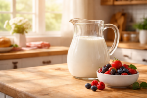 A fresh glass pitcher of nutrient-dense goat milk on a sunny kitchen counter.