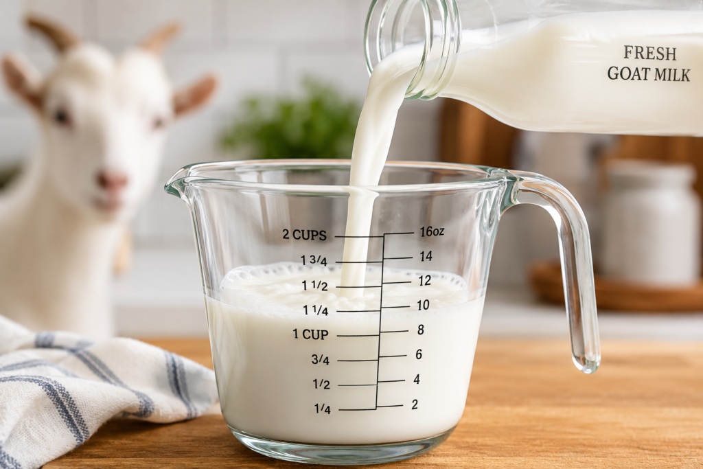 Measuring fresh goat milk for a family cooking recipe.
