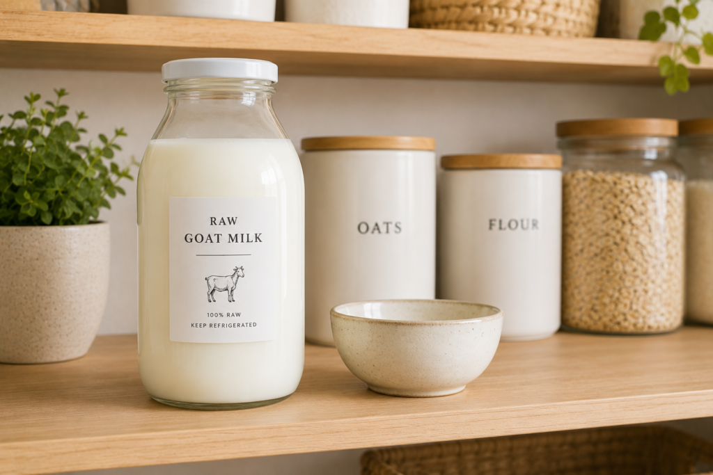 Fresh raw goat milk stored safely in a glass jar.