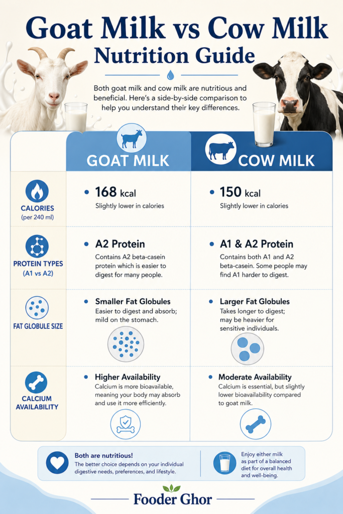 Goat milk vs cow milk nutritional differences infographic by Fooder Ghor.