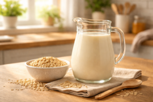 A fresh glass pitcher of creamy oat milk on a sunlit kitchen counter.