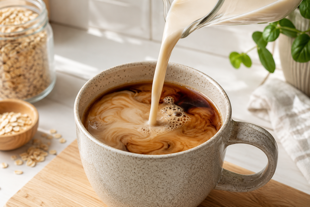 A beautiful oat milk latte with latte art foam sitting on a wooden table.