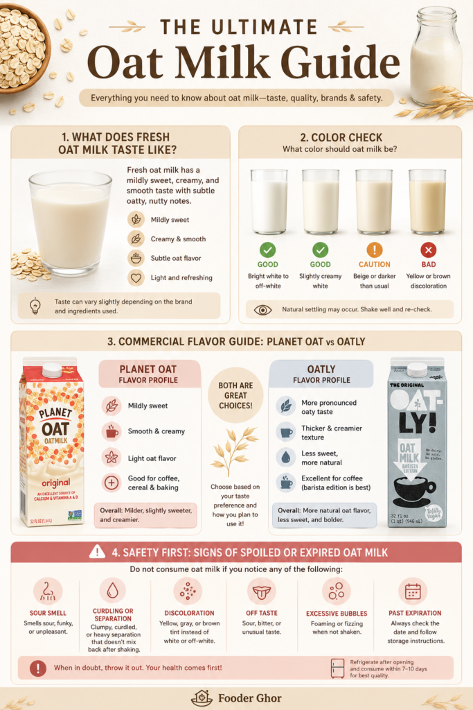 Fooder Ghor oat milk safety, color, and flavor guide infographic chart.