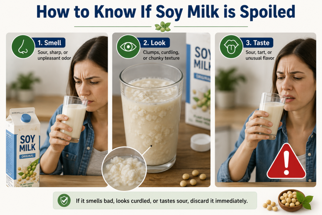 Infographic showing how to know if soy milk is spoiled with three steps: checking for sour smell, looking for clumps or curdling texture, and identifying unusual sour or tart taste.