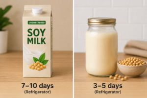 Commercial soy milk carton vs homemade soy milk shelf life comparison showing 7–10 days and 3–5 days refrigerated storage