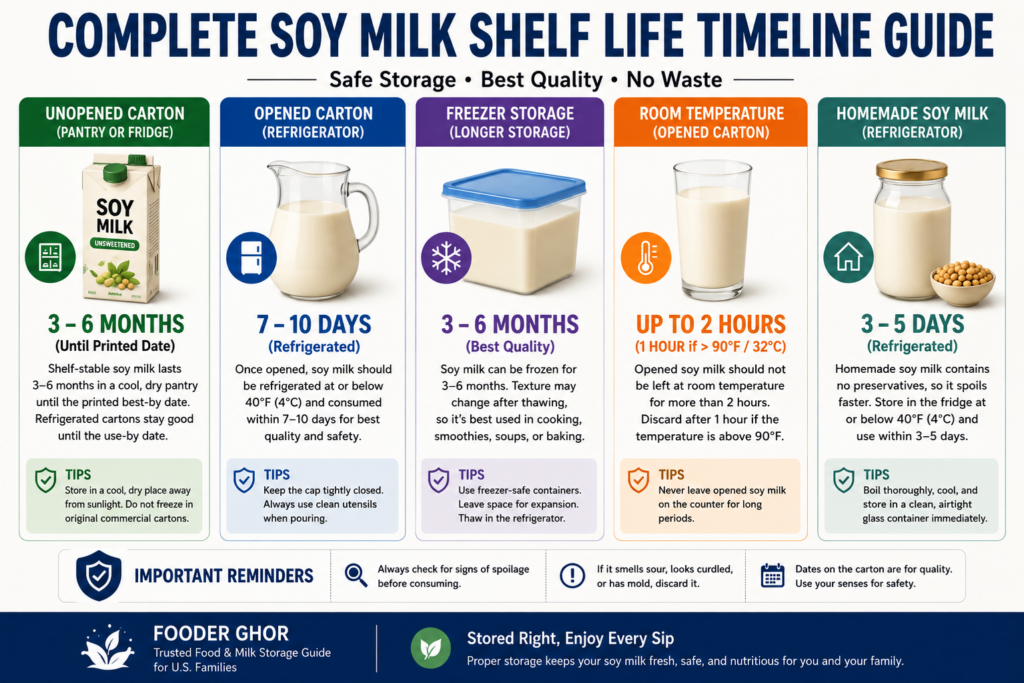 Complete soy milk shelf life timeline infographic showing unopened shelf-stable cartons, opened refrigerated soy milk, freezer storage, room temperature limits, and homemade soy milk storage times.