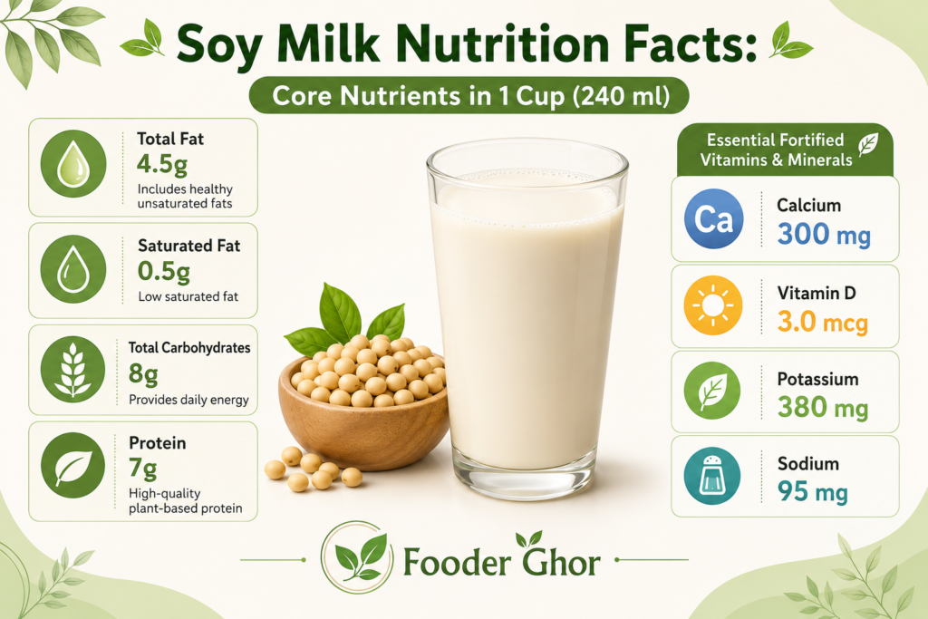 Soy milk nutrition facts infographic showing calories, protein, fat, carbohydrates, calcium, and vitamins per 1 cup by Fooder Ghor
