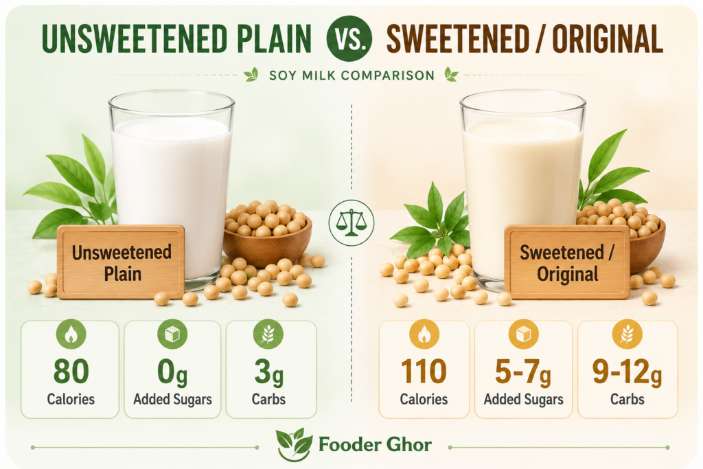 Unsweetened vs Sweetened soy milk nutrition facts comparison chart showing calories and added sugar levels by Fooder Ghor