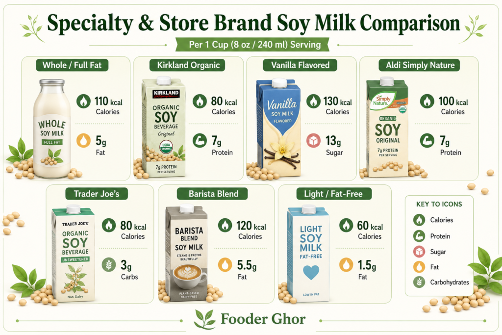 Nutritional comparison infographic of Kirkland, Aldi, Trader Joe's, Barista, and Vanilla soy milk varieties by Fooder Ghor