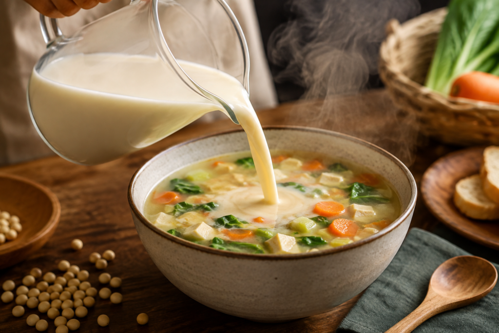 Pouring creamy soy milk into a savory soup bowl for everyday cooking recipes.