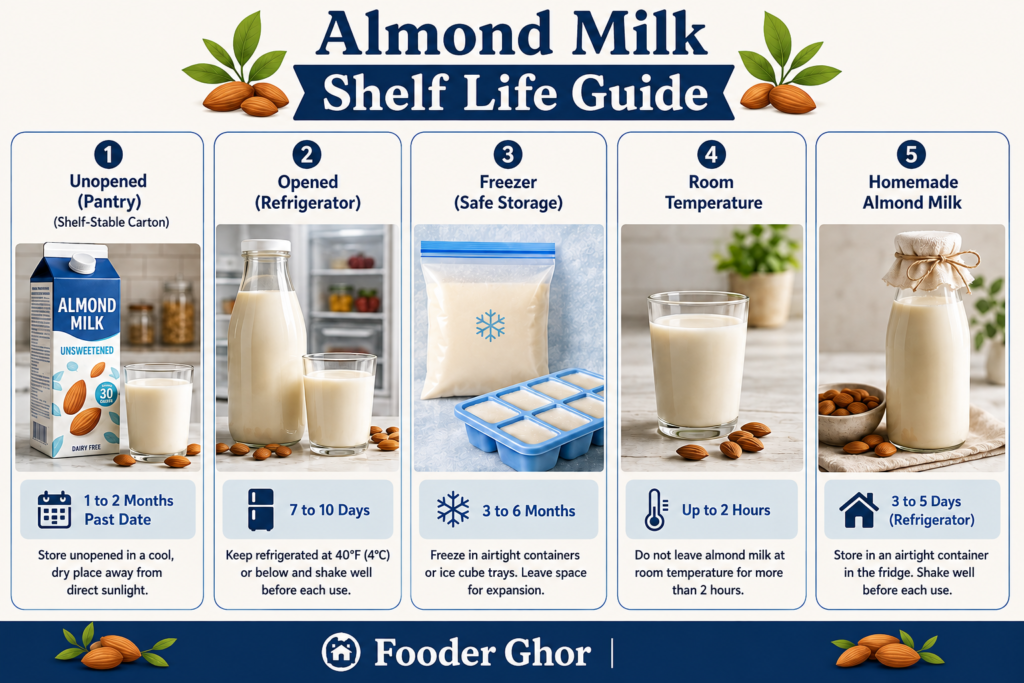 Fooder Ghor infographic showing almond milk shelf life timelines for pantry, fridge, freezer, homemade, and room temperature.