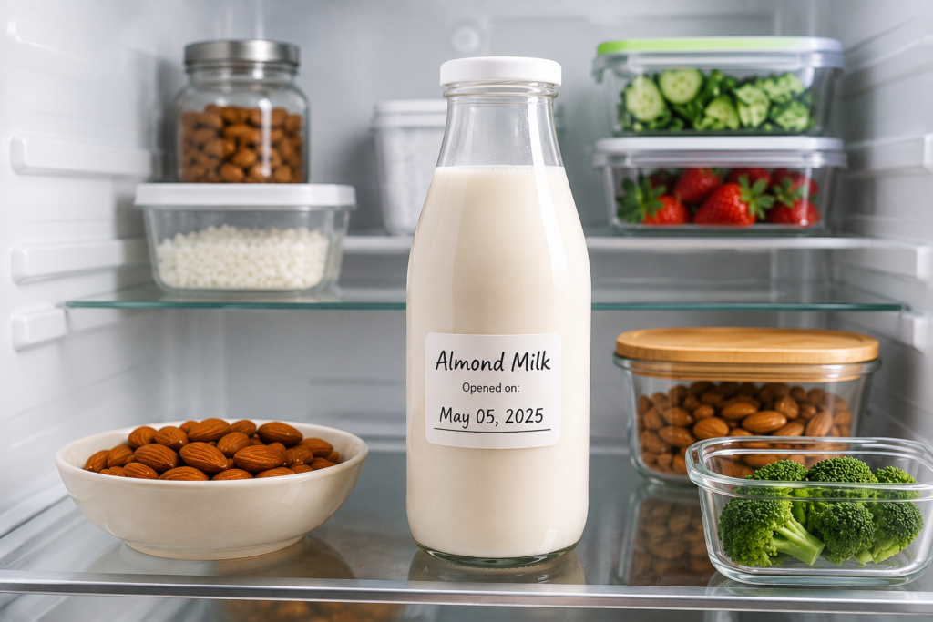 A Bottle filled with almond milk shelf life stored on the main middle shelf of an open fridge.