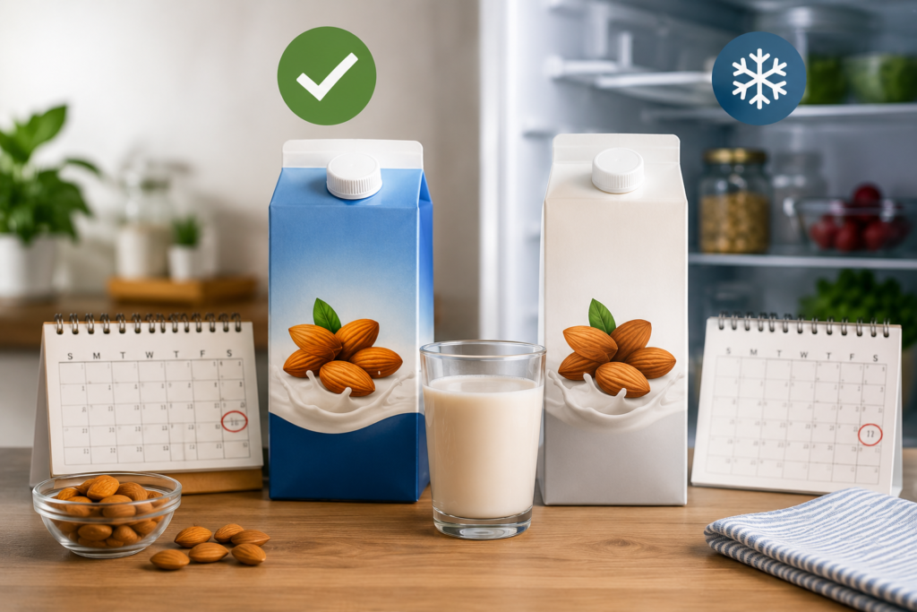 Almond milk cartons with calendar dates showing shelf life after expiration