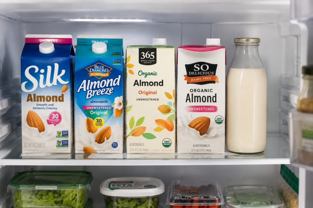 Store-bought almond milk cartons lined up inside a clean refrigerator.