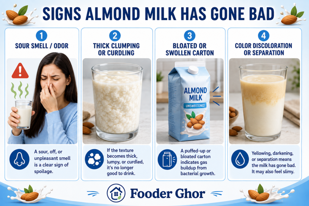 Infographic displaying sensory test signs of bad almond milk.