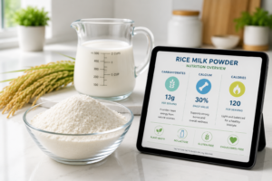 A professional cover photo showing a bowl of rice milk powder next to a digital tablet displaying nutrient macro charts on a clean counter.