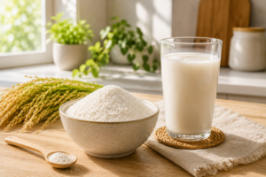 A professional cover photo of a ceramic bowl filled with fine white rice milk powder next to a fresh glass of plant milk on a sunlit table.