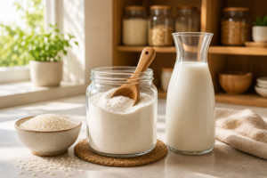 A professional cover photo of a clear glass jar containing fine white rice milk powder next to a carafe of freshly mixed plant milk on a sunlit counter.