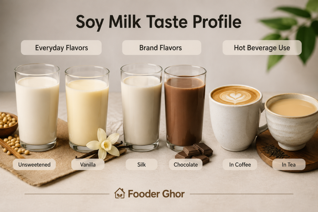 Soy milk taste profile showing unsweetened, vanilla, chocolate, coffee, and tea varieties