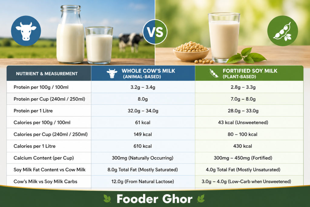 Infographic comparing soy milk vs cow milk nutrition facts, including protein, calories, calcium, fat, and carbohydrate content per serving with a side-by-side comparison table by Fooder Ghor.