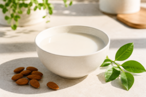 A white bowl of fresh almond milk with raw almonds on a sunny kitchen counter.