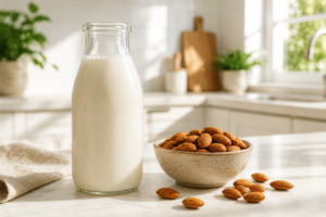 A clear bottle of almond milk and a bowl of raw almonds on a sunny kitchen counter.