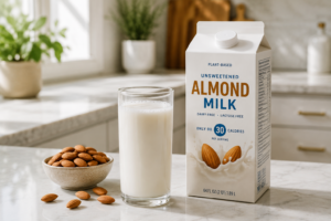 A fresh glass of creamy almond milk next to raw nuts on a kitchen counter.