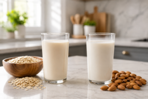 A side-by-side kitchen comparison of a glass of soy milk with soybeans and a glass of almond milk with whole almonds.