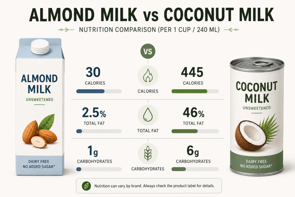 A nutrition comparison graphic showing calories and fats in almond milk vs coconut milk.