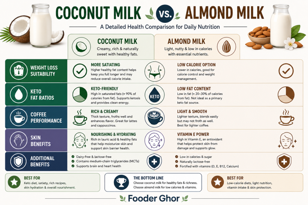Fooder Ghor comparison infographic displaying the weight loss and keto benefits of almond milk and coconut milk.