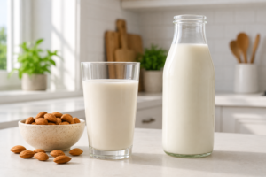 A side-by-side kitchen comparison of a glass of almond milk with whole almonds and a glass bottle of fresh cow milk.