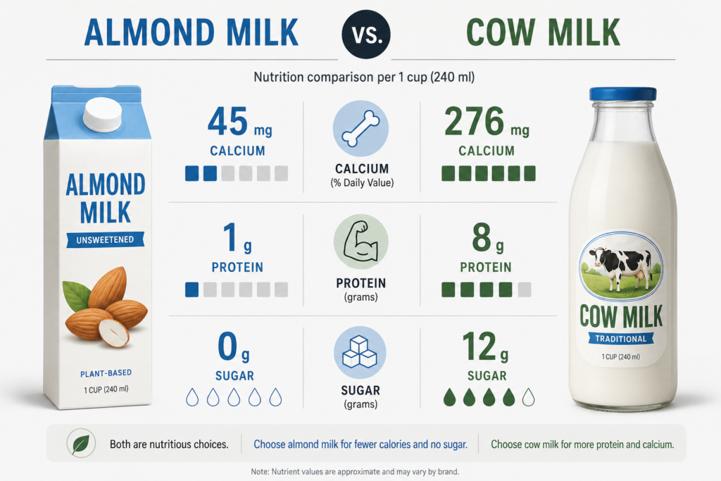 A nutrition comparison chart displaying the calcium, sugar, and protein in almond milk vs cow milk.