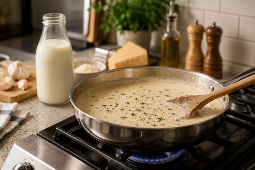 A rich cream sauce cooking in a pan on a stove with milk used as a primary ingredient.