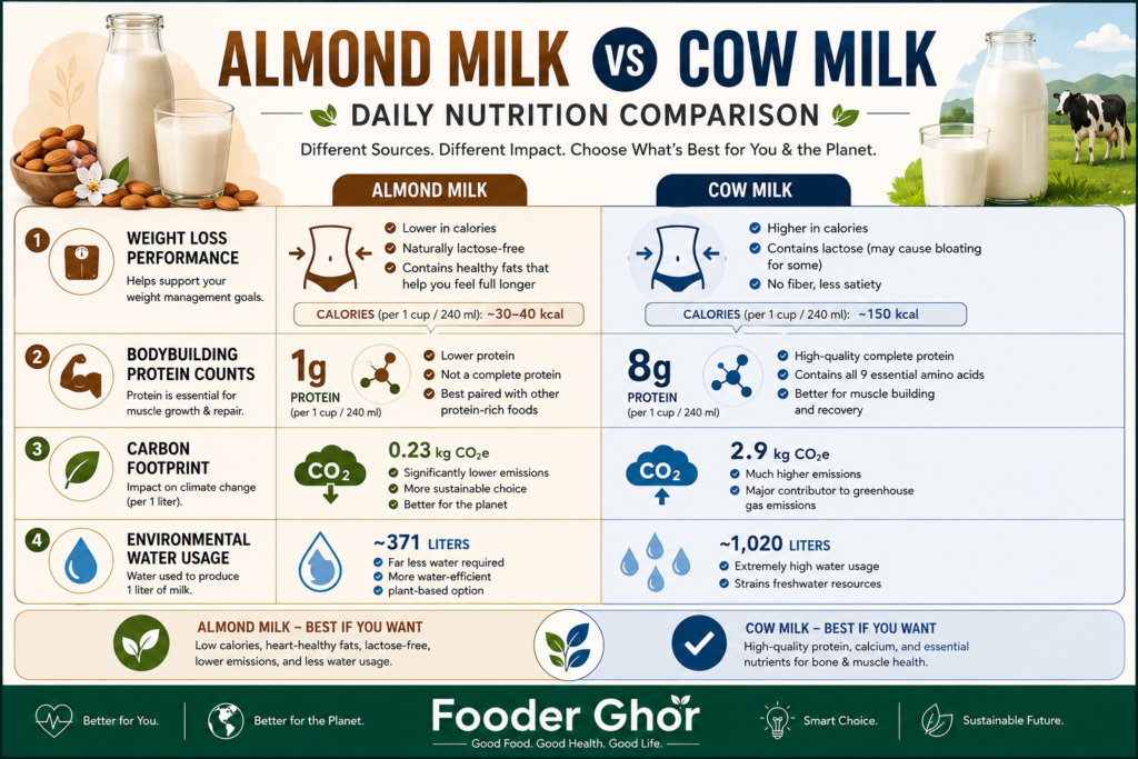Fooder Ghor comparison infographic showing the bodybuilding benefits, weight loss performance, and carbon footprint of almond milk and cow milk.