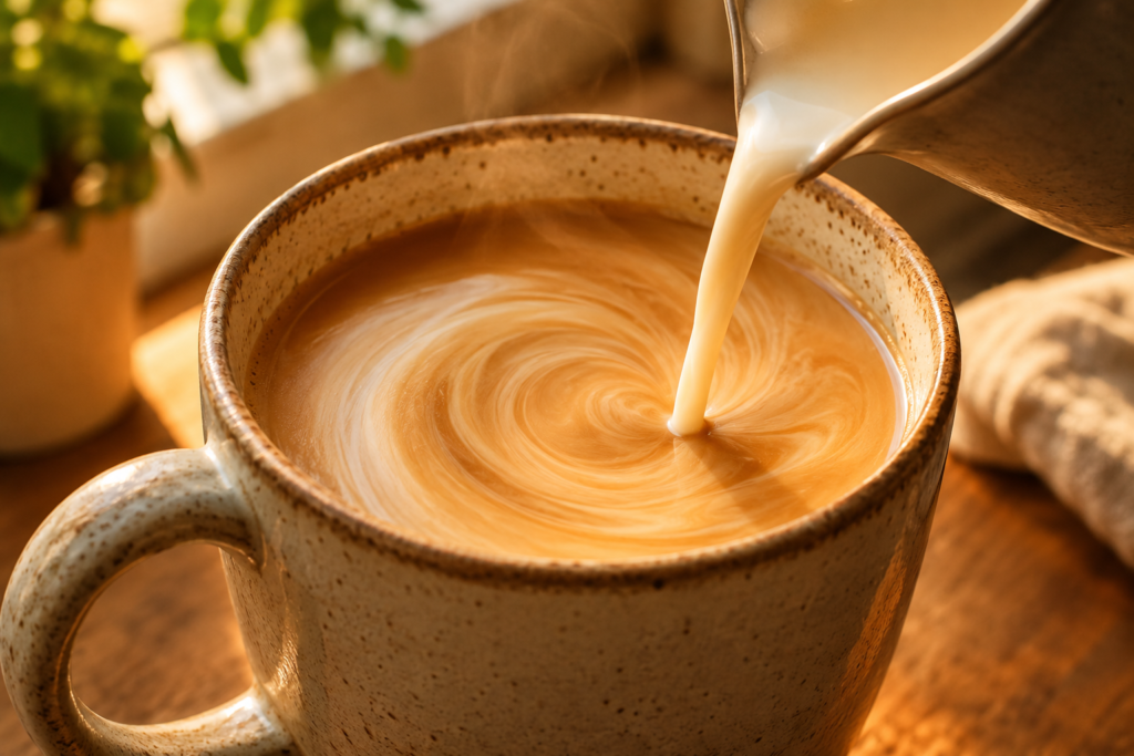 Barista soy milk swirling smoothly into a hot cup of black coffee.