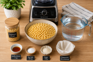 Raw soaked soybeans and a glass measuring cup of water prepared on a kitchen counter for making milk.
