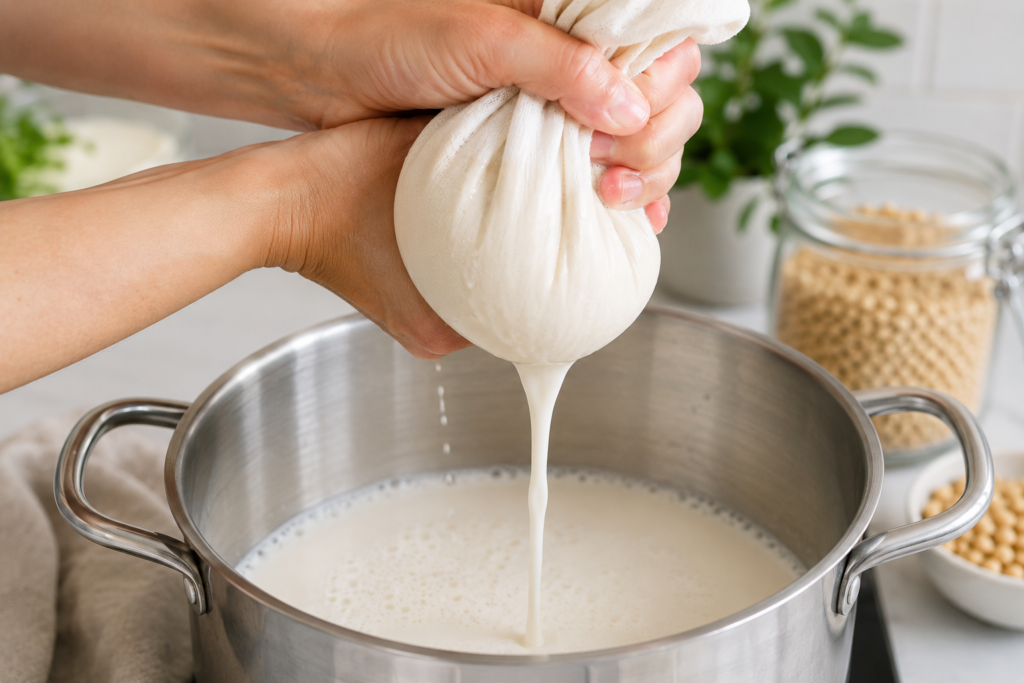 Hands squeezing a nut milk bag to strain fresh white soy milk into a stainless steel pot.