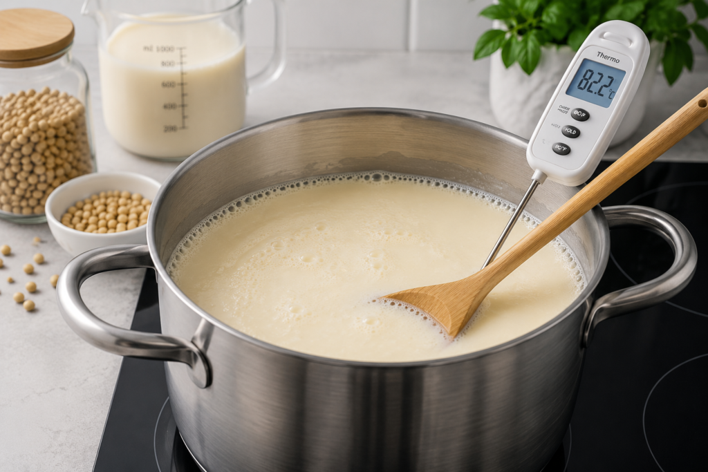 Fresh soy milk simmering in a pot on a kitchen stove during the pasteurization process.