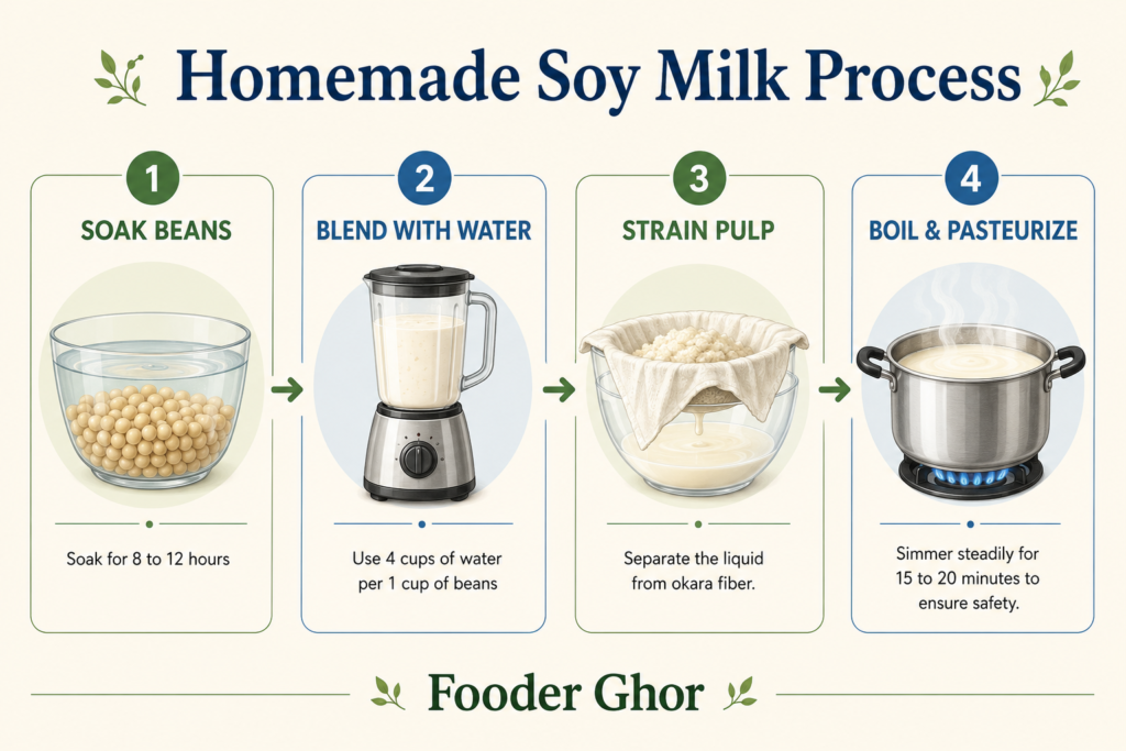 A step-by-step kitchen infographic illustrating how to soak, blend, strain, and pasteurize homemade soy milk by Fooder Ghor.