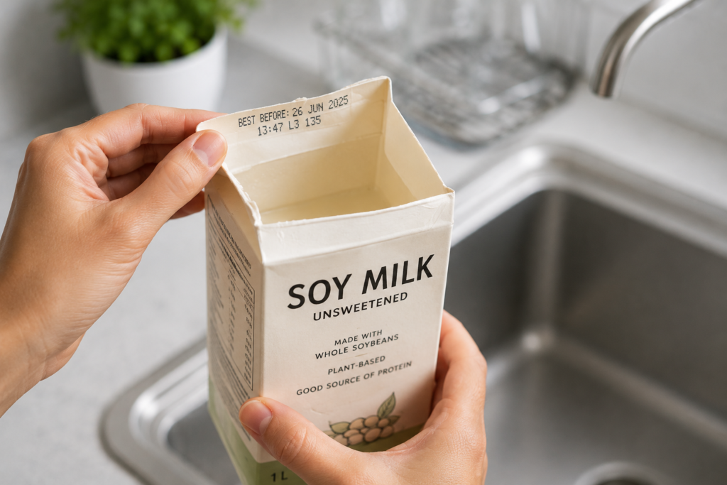 A home cook performing a kitchen freshness check on an opened carton of soy milk.