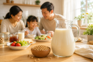 A fresh glass pitcher of soy milk and a bowl of soybeans on a sunny kitchen table.