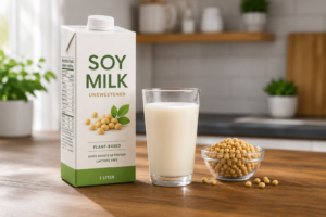A carton and a glass of nutritious soy milk on a kitchen counter with soybeans.