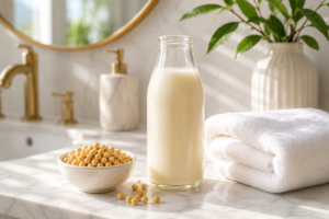A fresh bottle of soy milk and a bowl of soybeans on a clean marble counter.