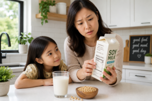 A parent carefully reading a soy milk label next to a fresh glass of milk on a kitchen counter.